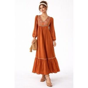 NWT- Ex Voto Embroidered V-Neck Dress in Burnt Orange sz Med